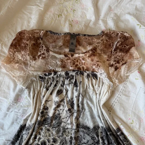 S-Twelve Vintage Cream Black Lace Embellished Babydoll Top S Made in USA - Picture 3 of 9